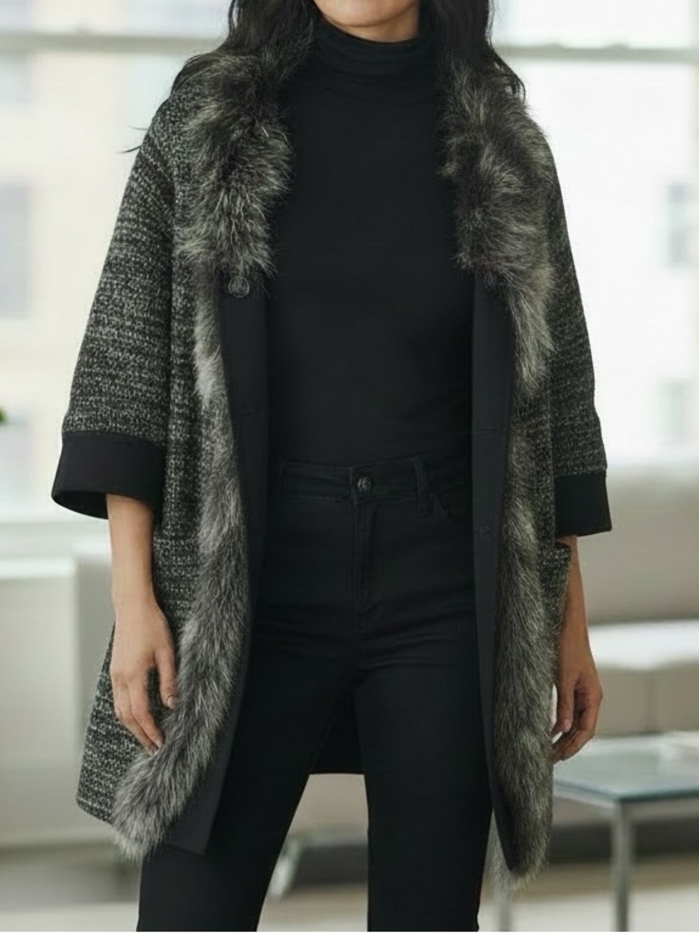 MaxMara Black and Gray Fur Trim Open Front Knit Coatigan Cardigan Jacket Sz 36